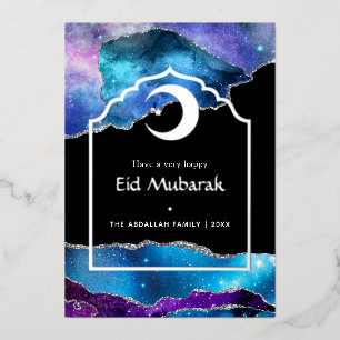 Carte De Vœux En Aluminium Galaxie Eid Mubarak et Agate Argenté Papier d'Alum