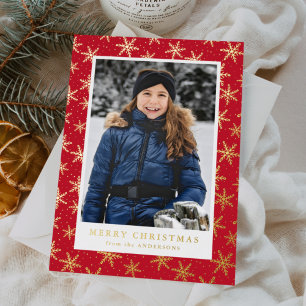 Carte De Vœux En Aluminium Galets de neige dorés Photo Rouge et or