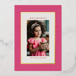 Carte De Vœux En Aluminium Gingham à carreaux rose rouge Photo de famille Noë