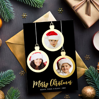 Carte De Vœux En Aluminium Gold Baubles 3 Photos Collage Merry Christmas 