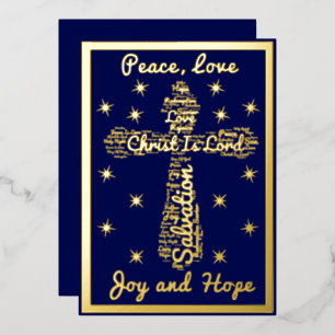 Carte De Vœux En Aluminium Gold Blue Peace Love Joy Hope Cross Christmas