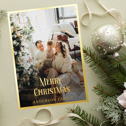 Carte De Vœux En Aluminium Gold Border Confetti Noël Famille Photo
