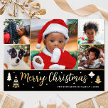 Carte De Vœux En Aluminium Gold Christmas Tree Photo personnalisée Black Luxe<br><div class="desc">Faites passer la fête de Noël avec des cartes de Noël en feuille d'or de luxe! Six photos personnalisées avec votre nom de famille et un accueil au dos. Ce design personnalisé présente des arbres décoratifs et des étoiles, avec les mots "Joyeux Noël" en lettres de script festives. Parfait pour...</div>
