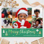 Carte De Vœux En Aluminium Gold Christmas Tree Photo personnalisée Green Luxe<br><div class="desc">Faites passer la fête de Noël avec des cartes de Noël en feuille d'or de luxe! Six photos personnalisées avec votre nom de famille et un accueil au dos. Ce design personnalisé présente des arbres décoratifs et des étoiles, avec les mots "Joyeux Noël" en lettres de script festives. Parfait pour...</div>
