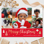 Carte De Vœux En Aluminium Gold Christmas Tree Photo personnalisée Rouge Luxe<br><div class="desc">Faites passer la fête de Noël avec des cartes de Noël en feuille d'or de luxe! Six photos personnalisées avec votre nom de famille et un accueil au dos. Ce design personnalisé présente des arbres décoratifs et des étoiles, avec les mots "Joyeux Noël" en lettres de script festives. Parfait pour...</div>