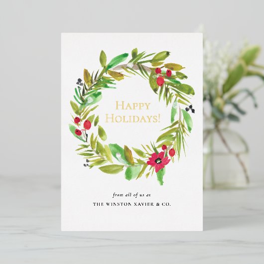 Carte De Vœux En Aluminium Gold Happy Holidays Noël aquarelle Wreath (Debout devant)