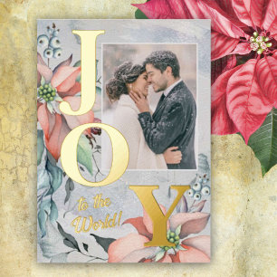 Carte De Vœux En Aluminium Gold Joy to the World Élégante photo de Noël