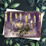 Carte De Vœux En Aluminium Gold Menorah Happy Hanoukka Purple<br><div class="desc">Gold Menorah Happy</div>