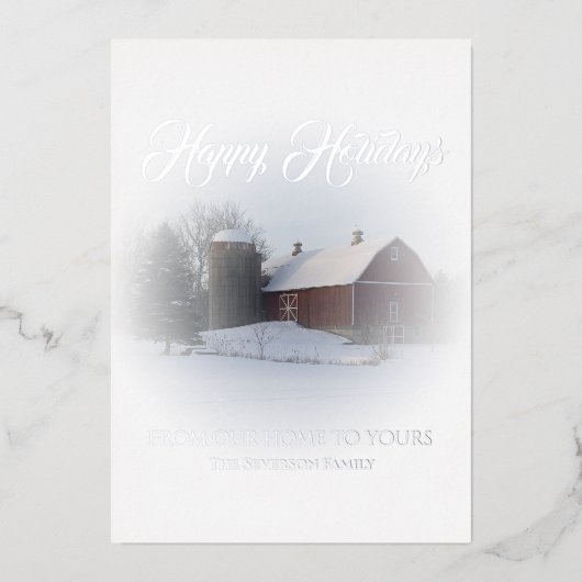 Carte De Vœux En Aluminium Grange rouge enneigé Joyeuses Fêtes (Recto)