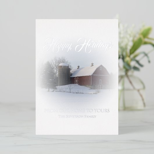 Carte De Vœux En Aluminium Grange rouge enneigé Joyeuses Fêtes (Debout devant)