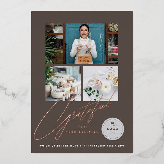 Carte De Vœux En Aluminium Grateful Handwrite Script 3 Photo Élégant (Recto)