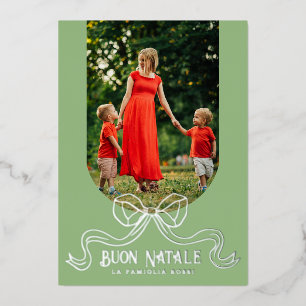 Carte De Vœux En Aluminium Green Buon Natale Simple Modern Coquette Bow Photo