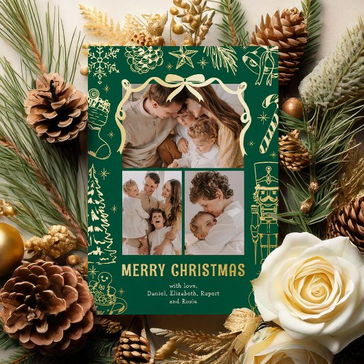 Carte De Vœux En Aluminium Green Doodle 3 Photo Christmas Gold