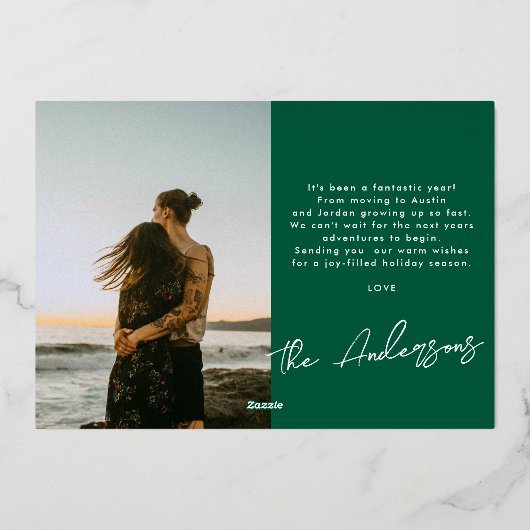 Carte De Vœux En Aluminium Green Frame Gold Brush Script Photo Christmas (Verso)