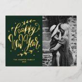 Carte De Vœux En Aluminium Green Modern Calligraphy and Wreath New Year Photo (Recto)