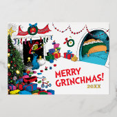 Carte De Vœux En Aluminium Grinch Classique | Grinch dans Cheminée (Recto)