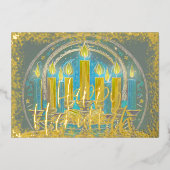 Carte De Vœux En Aluminium Hanoukka Menorah Dessin Jaune bleu gris (Recto)