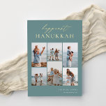 Carte De Vœux En Aluminium Happiest Hanoukka Elegant 6 Photo Collage<br><div class="desc">Partagez de la joie avec ces cartes de fin de année Hanoukka modernes avec 6 de vos photos préférées dans une grille de montage. "Happiest Hanoukka" apparaît en haut dans la feuille d'or en calligraphie lettrée à la main et en lettrage serif classique sur un arrière - plan turquoise poussiéreux....</div>