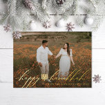 Carte De Vœux En Aluminium Happy Hanukkah Menorah Hanukkiah Photo<br><div class="desc">Happy Hanukkah in flowy letters with hanukkiah in the center printed in foil over full bleed photo; also available in flat printing</div>