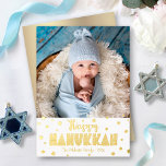Carte De Vœux En Aluminium Happy Hanukkah Photo Whimsical Stars Real Gold<br><div class="desc">“Happy Hanukkah.” Fun, playful, whimsical handcrafted real gold foil typography and a random Star of David pattern overlay a clean, white background. Add the photo of your choice and help usher in Hanukkah with this stunning, colorful, personalized real gold foil greeting card. Faux gold metallic ombre is on the back....</div>