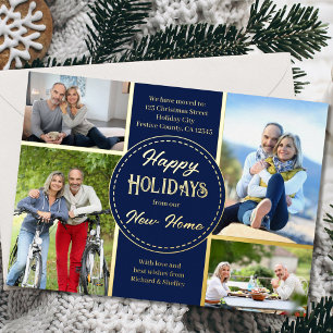 Carte De Vœux En Aluminium Happy Holidays New Home 4 Photo Blue and Gold