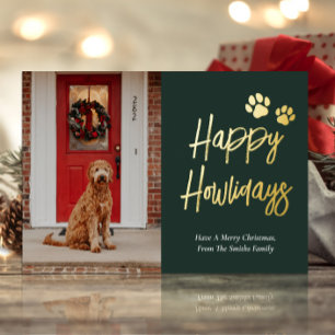 Carte De Vœux En Aluminium Happy Howlidays Green Gold Calligraphy Pet Photo
