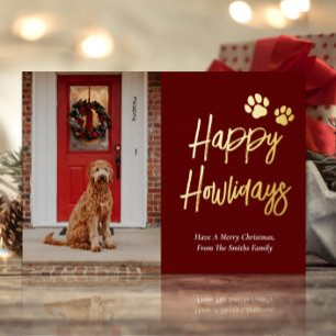 Carte De Vœux En Aluminium Happy Howlidays Red Gold Calligraphy Pet Photo