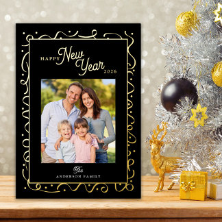 Carte De Vœux En Aluminium Happy New Year Photo Script Gold Foil