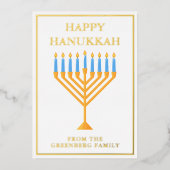 Carte De Vœux En Aluminium Heureux Hanoukka Menorah Chic Custom Gold (Recto)