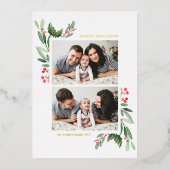 Carte De Vœux En Aluminium Hollies et verdure Deux Photo Joyeuses Fêtes (Recto)