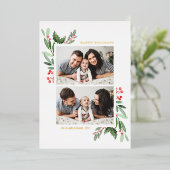 Carte De Vœux En Aluminium Hollies et verdure Deux Photo Joyeuses Fêtes (Debout devant)