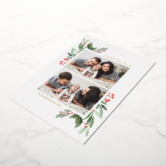 Carte De Vœux En Aluminium Hollies et verdure Deux Photo Joyeuses Fêtes (Rotation)