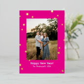 Carte De Vœux En Aluminium Hot Pink Simple Stars One Photo Happy New Year (Debout devant)