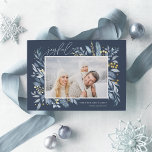 Carte De Vœux En Aluminium Iced Branches | Elegant Photo Gold<br><div class="desc">This simple and elegant nature-inspired holiday card features your favorite horizontal or landscape-oriented photo adorned at the corners with sprigs of graceful icy blue watercolor foliage with gold foil accents. "Joyful" appears at the top left in chic handwritten script lettering, with your names and the year at the bottom right....</div>