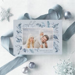 Carte De Vœux En Aluminium Iced Branches | Elegant Photo Silver<br><div class="desc">This simple and elegant nature-inspired holiday card features your favorite horizontal or landscape-oriented photo adorned at the corners with sprigs of graceful icy blue watercolor foliage with silver foil accents. "Joyful" appears at the top left in chic handwritten script lettering, with your names and the year at the bottom right....</div>