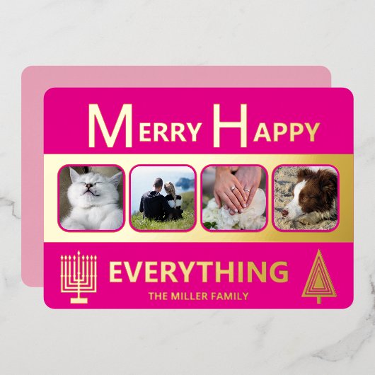 Carte De Vœux En Aluminium Interfaith 4 Photo Simple Trendy Pink Gold (Recto/Verso)