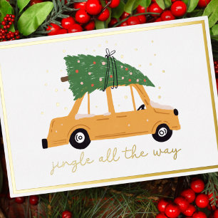 Carte De Vœux En Aluminium Jingle All Way Voiture et Arbre de Noël Or