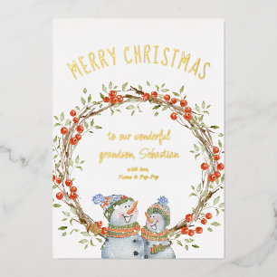 Carte De Vœux En Aluminium Joli bonhomme de neige de Noël Couronne d'hiver ba