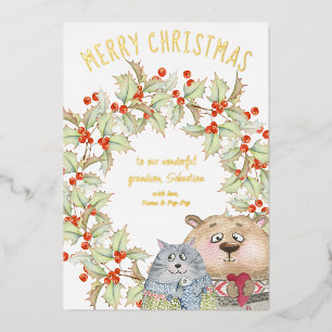 Carte De Vœux En Aluminium Joli chat et chien de Noël Couronne de houx dorée