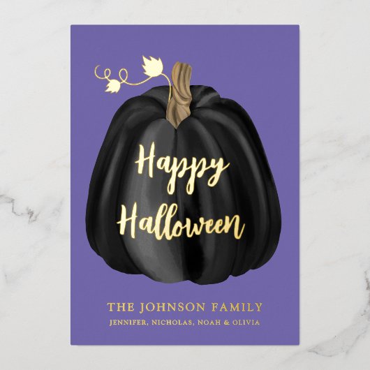 Carte De Vœux En Aluminium Joli Citrouille violet  Halloween or (Recto)