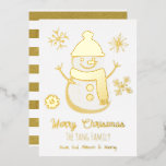 Carte De Vœux En Aluminium Joli Snowman personnalisé et photo<br><div class="desc">Jolie carte de Noël en feuille qui peut être personnalisée avec vos noms et salutations. bonhomme de neige en feuille d'or et texte à l'avant. Le dos est en or.</div>