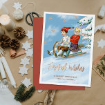 Carte De Vœux En Aluminium Jolie scène Vintage pour enfants | Voeux Joyeux<br><div class="desc">Cette jolie carte de Noël personnalisée présente un tableau d'un garçon et d'une fille en traîneau sur une colline. Le texte et les accents de papier d'aluminium apportent une touche unique. Certains éléments de conception ont été tirés d'une peinture Vintage et réorientés/redessinés. Le dos contient plus de modèles de texte...</div>