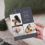 Carte De Vœux En Aluminium Joy Blue Faire-part de naissance Gold Foil Holiday<br><div class="desc">Un design au moins élégant. Featuring 3 photos,  le mot JOY in gold foil stamped.</div>