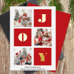 Carte De Vœux En Aluminium JOY Elegant Gold Snowflakes Modern Script Photo<br><div class="desc">JOY Elegant Gold Snowflakes Script moderne sur la couleur rouge festive 3 Photo Collage Real Foil Holiday Card. Envoyez des voeux de vacances à vos proches avec cette carte de vacances moderne et festive. Tous les textes sont pré-arrangés pour que vous personnalisiez facilement et rapidement avec vos propres détails. Joyeuses...</div>