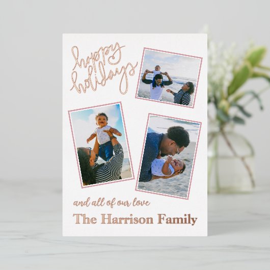 Carte De Vœux En Aluminium Joyeuses Fêtes 4 Photo Personnalisé Rose Gold (Debout devant)