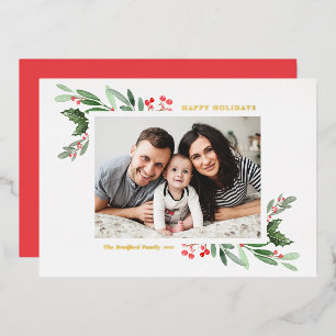 Carte De Vœux En Aluminium Joyeuses Fêtes à l'aquarelle avec houx et verdure