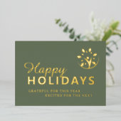 Carte De Vœux En Aluminium Joyeuses fêtes avec logo affaires vert or feuille (Debout devant)