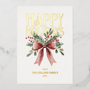 Carte De Vœux En Aluminium Joyeuses Fêtes Élégant Ruban Aquarelle Baies Rouge