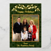 Carte De Vœux En Aluminium Joyeuses Fêtes Famille Nom photo Vert Or (Recto)
