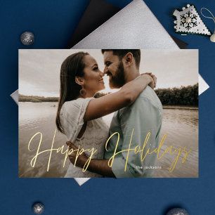 Carte De Vœux En Aluminium Joyeuses Fêtes Photo Manuscrite Sous Presse Dorée